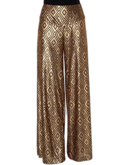 Anna Sui Gold Knitted Geometric Design High Waist Wide Leg Trouser