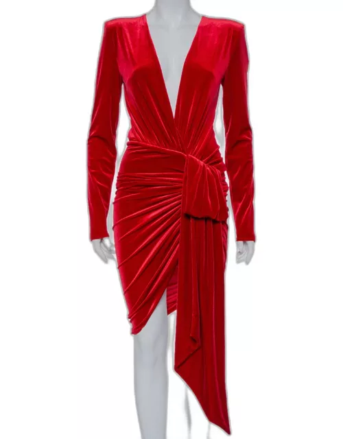 Alexandre Vauthier Red Velvet Plunge Neck Faux Wrap Mini Dress