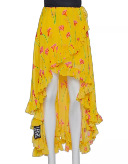 Caroline Constas Yellow Printed Silk Ruffled Asymmetric Hem Adelle Midi Skirt