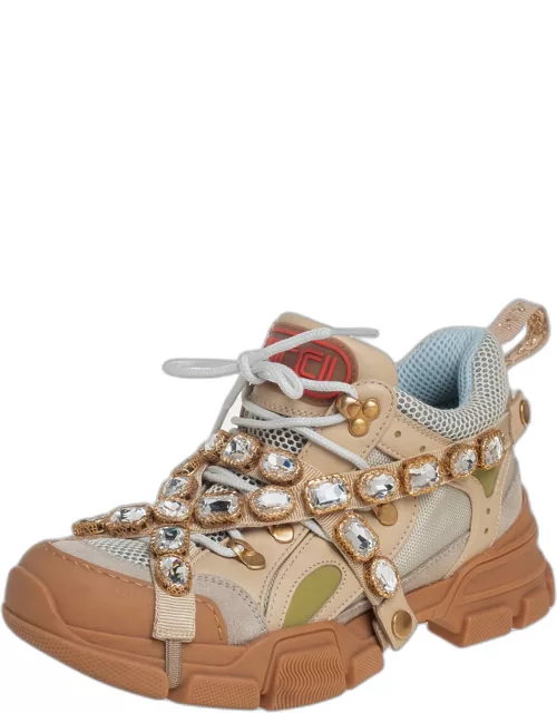 Gucci Beige/Grey Leather And Mesh Flashtrek Removable Crystals Sneaker