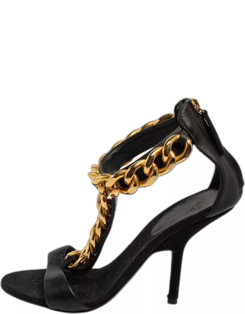 Giuseppe Zanotti Black Leather Chain Detail T Strap Sandal