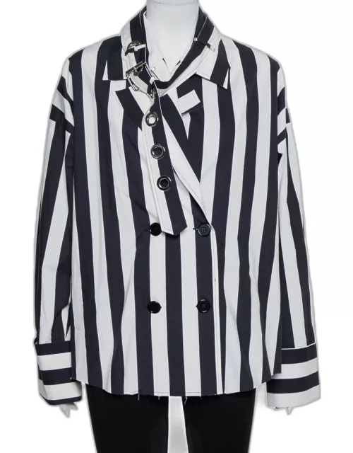 Marques Almeida Navy Blue & White Striped Cotton Double Breasted Belted Blazer