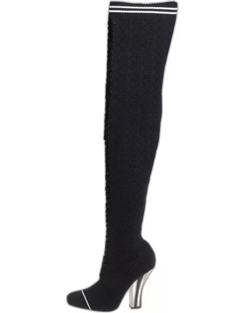 Fendi Black Knit Fabric Over the Knee Boot