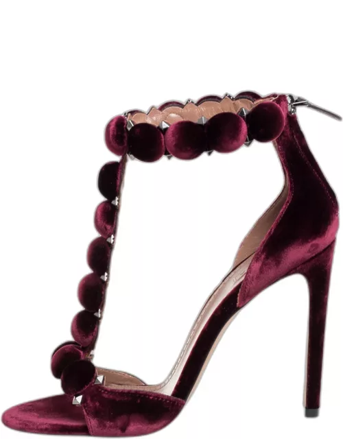 Alaia Burgundy Velvet Studded 'Bombe' T-Strap Ankle Cuff Sandal