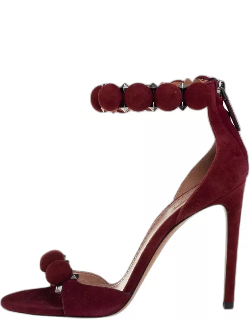 Alaia Burgundy Suede Studded 'Bombe' T-Strap Ankle Cuff Sandal