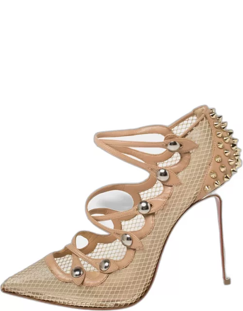 Christian Louboutin Beige Leather and Mesh Spike Strappy Sandal