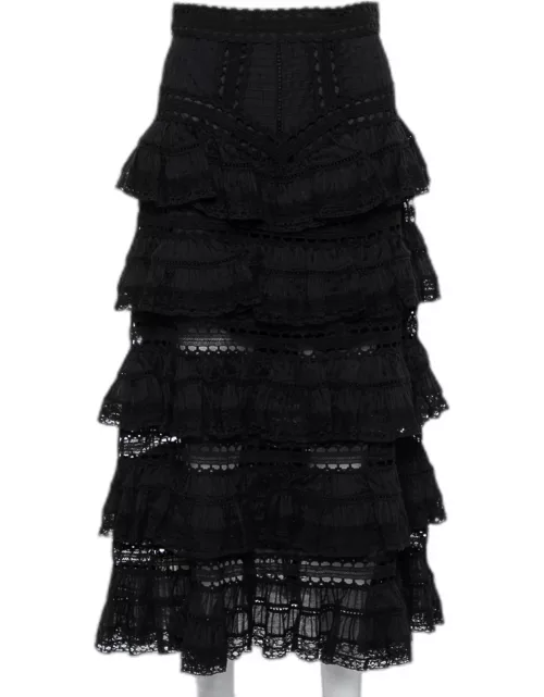 Zimmermann Black Paneled Cotton Lace Trim Ruffled Tiered Midi Skirt