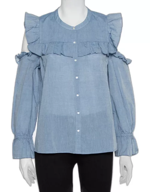 Joie Blue Cotton Cold Shoulder Ruffled Button Front Akari Top