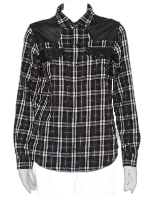 Current/Elliott Monochrome Checkered Cotton Faux Leather Detail Button Front Shirt