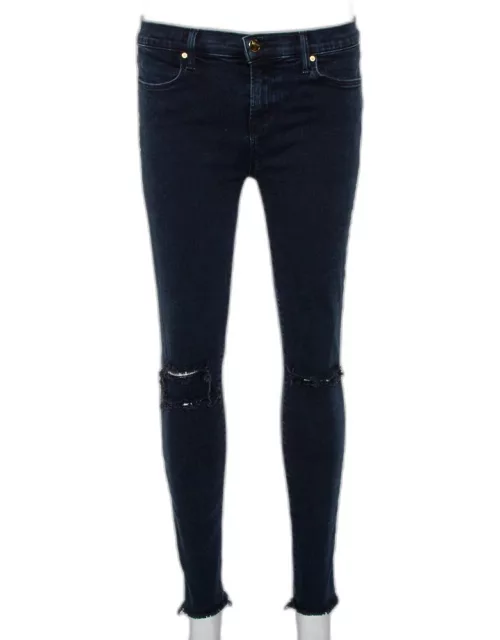 J Brand Navy Blue Denim Cropped Skinny Distressed Blue Mercy Jeans