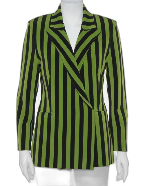 Norma Kamali Green & Black Striped Neoprene Double Breasted Blazer