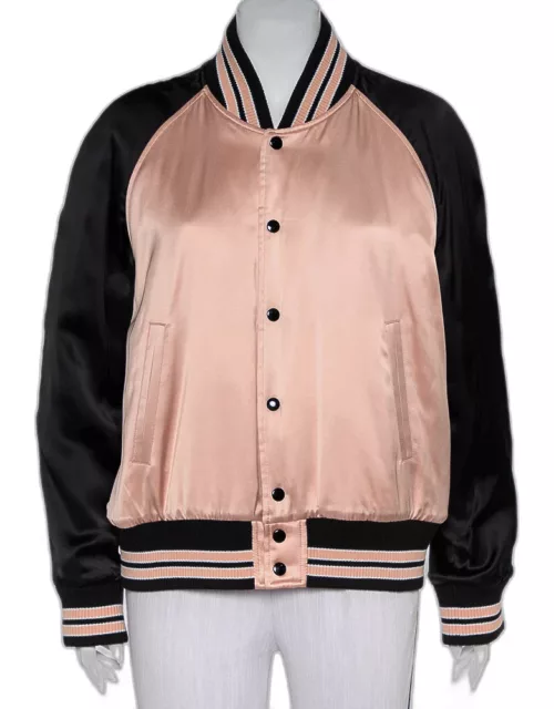 Saint Laurent Paris Black & Pink Satin Button Front Bomber Jacket
