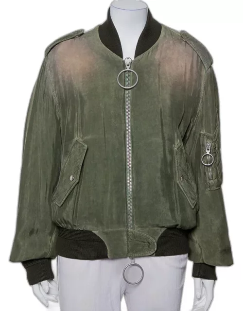 Off-White Green Cupro Washed Out Effect Zipper Front Bomber Jacket