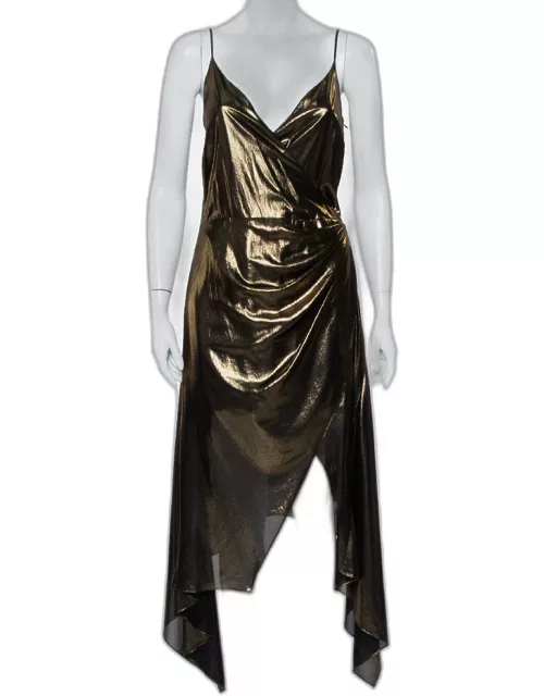Haney Metallic Gold Lame' Faux Wrap Asymmetrical Hem Dress