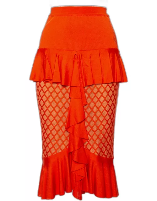 Balmain Orange Knit Ruffled Midi Skirt