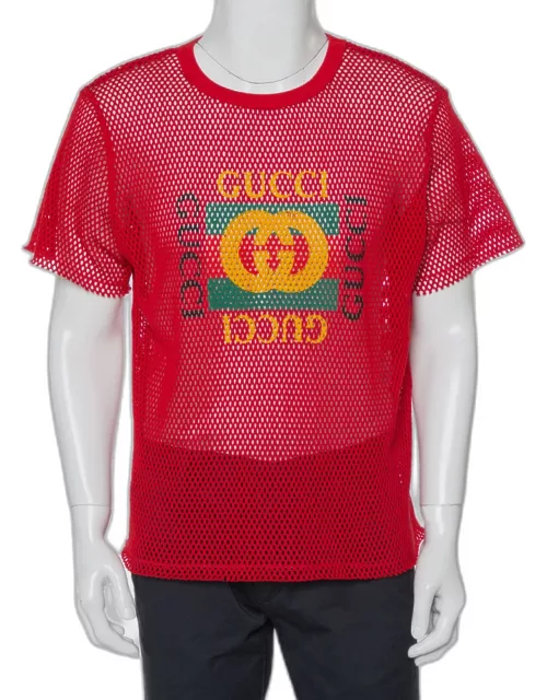 Gucci Red Mesh Logo Printed Crewneck T-Shirt