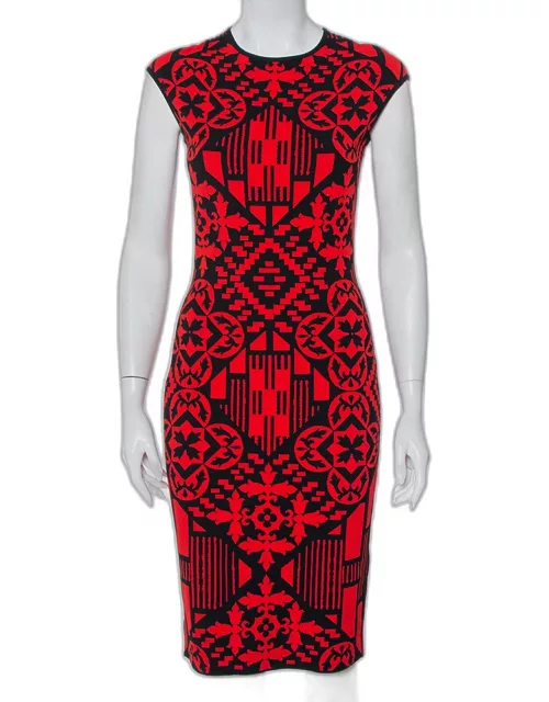 Alexander McQueen Red & Black Jacquard Knit Sheath Dress