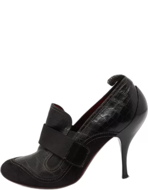 Roberto Cavalli Black Croc Embossed Leather and Suede Ankle Length Bootie