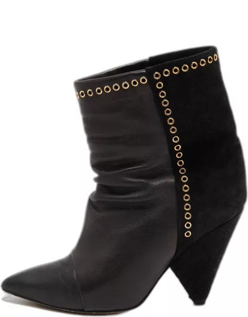 Isabel Marant Brown/Black Leather and Suede Eyelet Detail Ankle Bootie