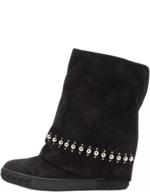 Casadei Black Suede Pearl Detail Fold Over Wedge Boot