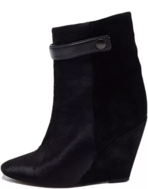 Isabel Marant Black Calf Hair and Suede Wedge Ankle Boot