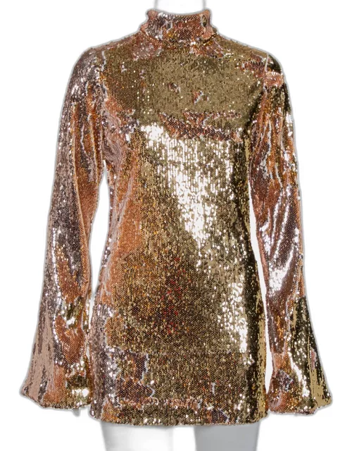 Halpern Gold Sequin Embellished Knit Bell Sleeve Detail Mini Dress