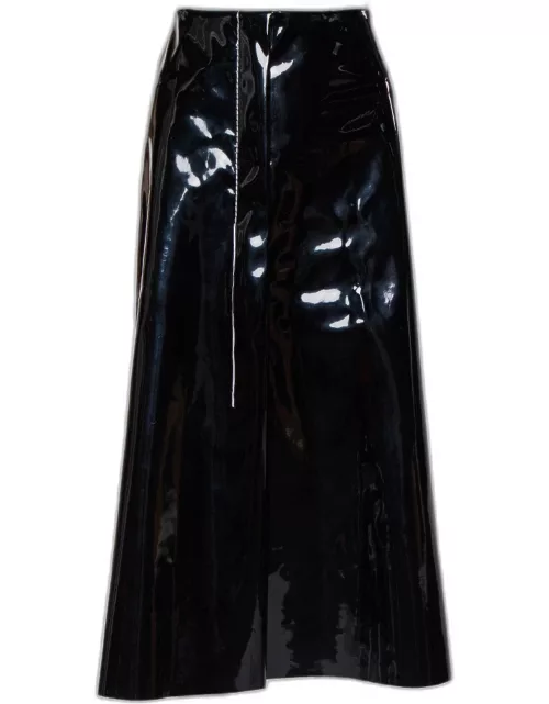 Marni Black Faux Patent Leather Hanging Thread Detail Midi Skirt