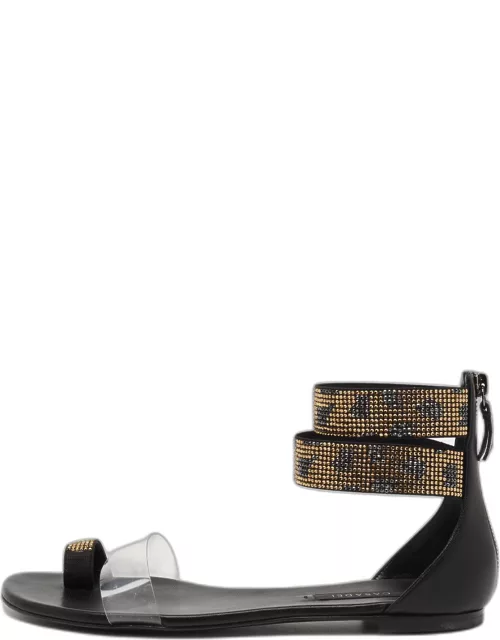 Casadei Gold/Black Leather And PVC Crystal Embellished Ankle Strap Flat Sandal