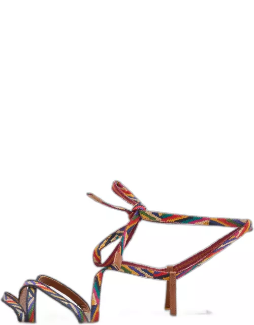 Valentino Multicolor Fabric Ankle Wrap Flat Sandal