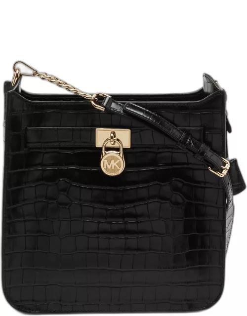 Michael Kors Black Croc Embossed Leather Hamilton Messenger Bag