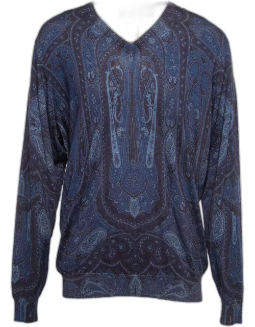 Etro Blue Paisley Patterned Wool V-Neck Sweater