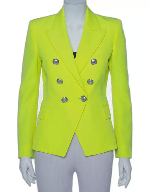 Balmain Neon Yellow Wool Double Breasted Button Front Blazer