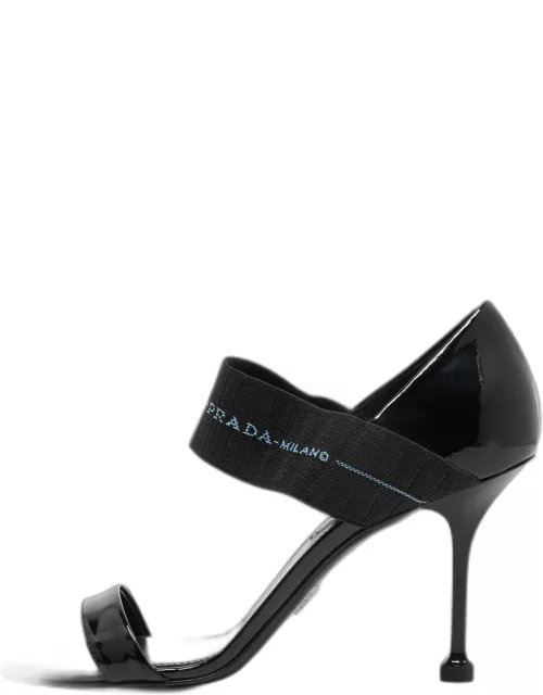 Prada Black Patent Leather and Logo Elastic Ankle Strap Sandal