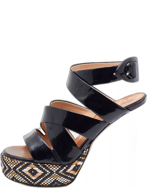 Giuseppe Zanotti Black Patent Leather Woven Platform Ankle Strap Sandal