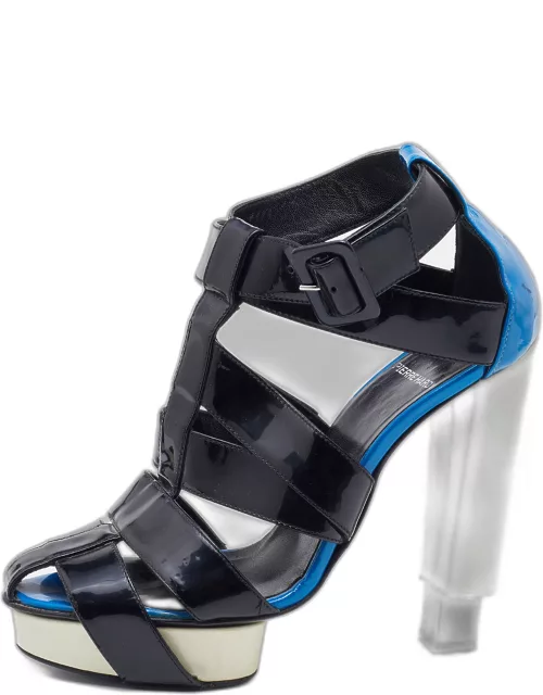 Pierre Hardy Black/Blue Patent Leather Caged Ankle Strap Sandal
