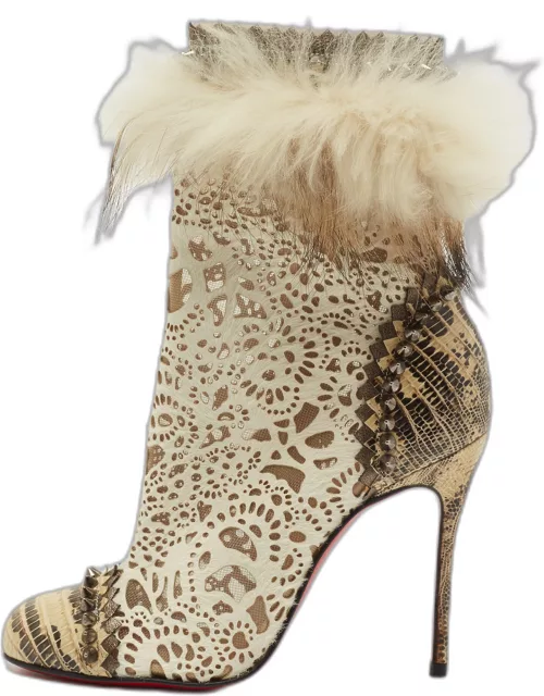Christian Louboutin Beige/Cream Calf Hair And Fox Fur Ankle Boot