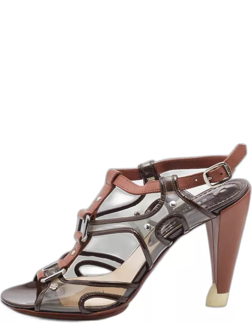 Celine Brown Leather and PVC Caged Studded Ankle Strap Sandal