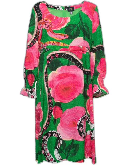 Class by Roberto Cavalli Green Floral Printed Textured Long Sleeve Dress