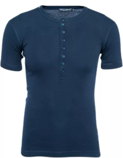 Dolce & Gabbana Navy Blue Stretch Cotton Buttoned T-Shirt