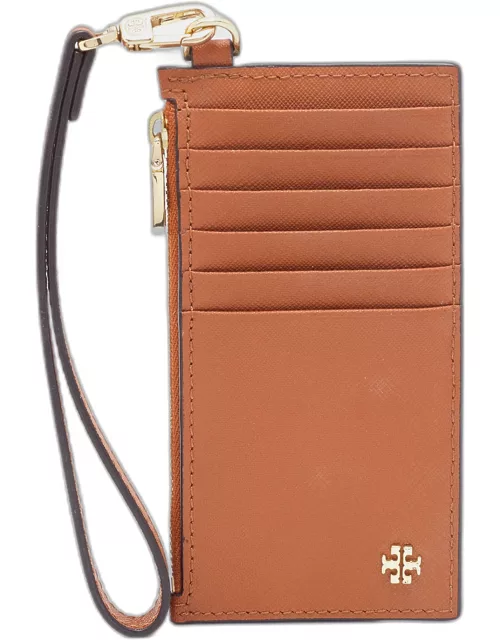 Tory Burch Brown Saffiano Leather Miller Top Zip Card Case