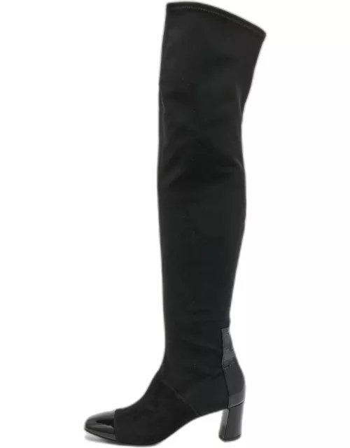 Casadei Black Paten and Suede Square Toe Knee Length Boot