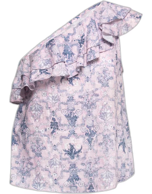 Isabel Marant Etoile Pink Printed Linen One-Shoulder Ruffled Top