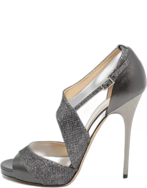 Jimmy Choo Metallic Grey Lurex Fabric and Leather Ankle Strap Sandal