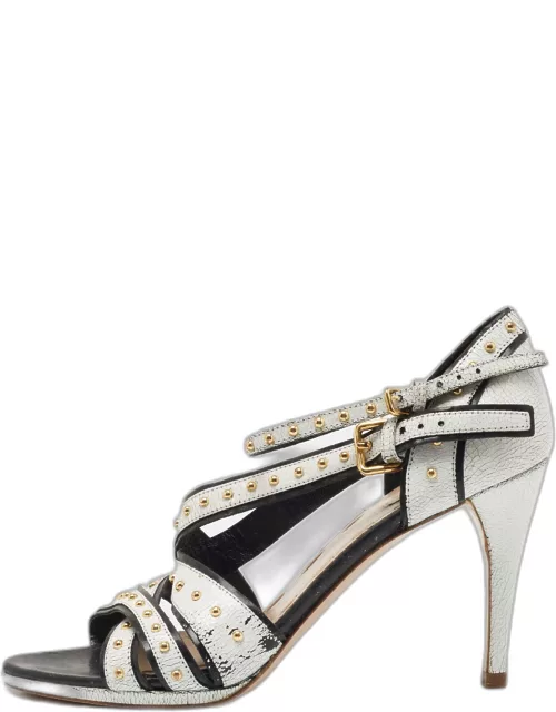 Miu Miu White Crackled Leather Studded Ankle Strap Sandal