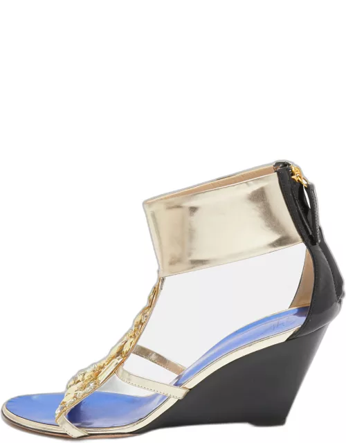 Giuseppe Zanotti Black/Gold Patent and Leather Crystal Embellished Wedge Sandal