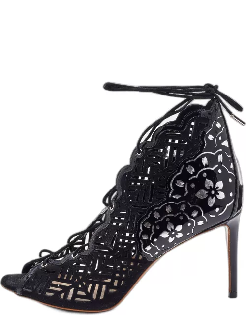 Nicholas Kirkwood Black/Silver Laser Suede and Patent Leather Lace Up Bootie