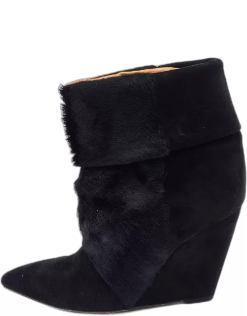 Isabel Marant Black Calf Hair and Suede Wedge Ankle Boot