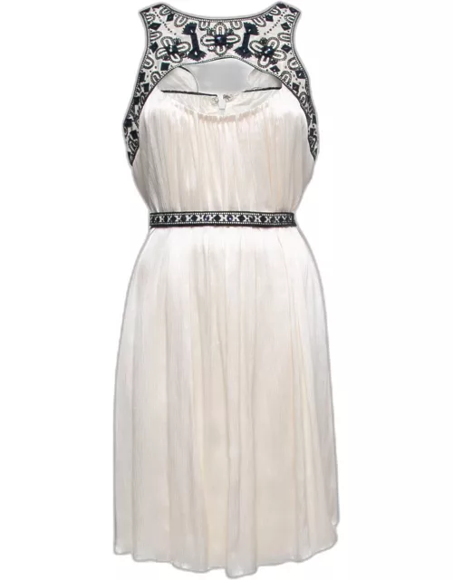 Carolina Herrera Cream Plisse Silk Embroidered Cutout Dress