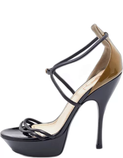 Yves Saint Laurent Black/Olive Green Patent and Leather Platform Ankle Strap Sandal