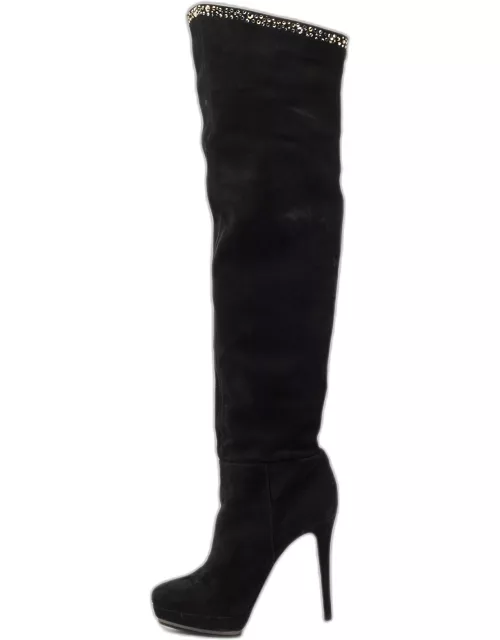 Le Silla Black Suede Crystal Embellished Over The Knee Boot